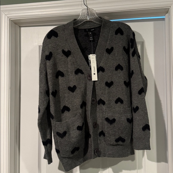 Aqua Heather Gray Knit Cardigan with Black hearts Detailing XS - Picture 10 of 10